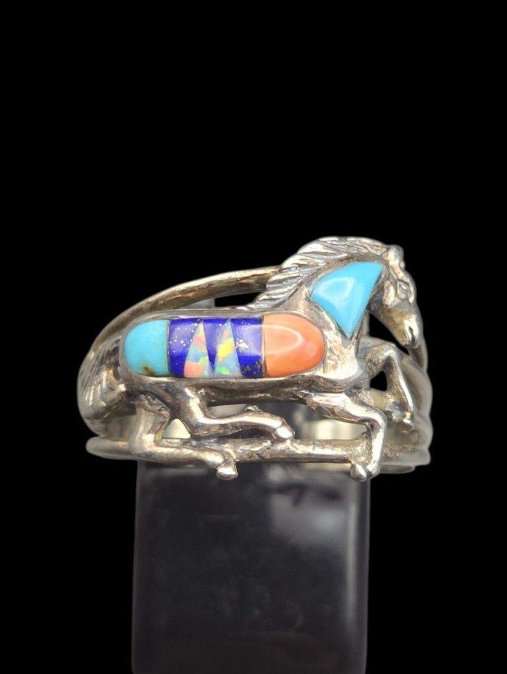 Sterling Silver Horse Ring, Turquoise Lapis Opal Coral Inlay, Sz 6.5